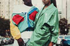 Franklin, wearing 80's washed-out denim, 90's NYC t-shirt, 90's colour-blocked vinyl windbreaker. Diane, wearing 80's green vinyl jacket.