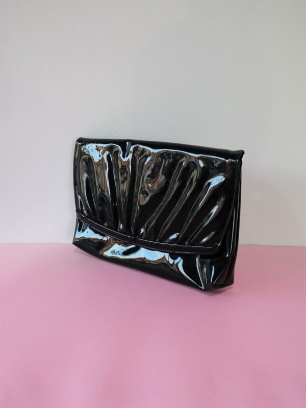 80's Black Patent leather Evening Bag/ Clutch with Ruffle Detail