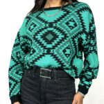 80's Tribal Print Knit Sweater in Green and Black with Sparkle