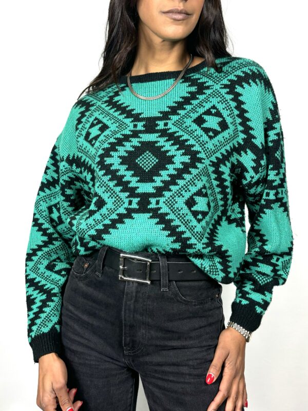 80's Tribal Print Knit Sweater in Green and Black with Sparkle