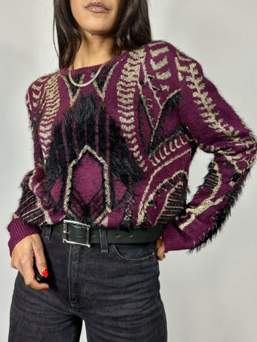 80's-90's Bold Print Pullover Sweater with Maroon and Gold tones