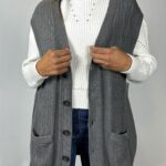 90's Grey Cable-Knit Button-Up Sweater Vest