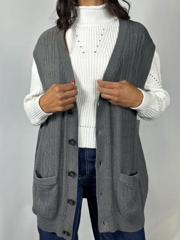 90's Grey Cable-Knit Button-Up Sweater Vest