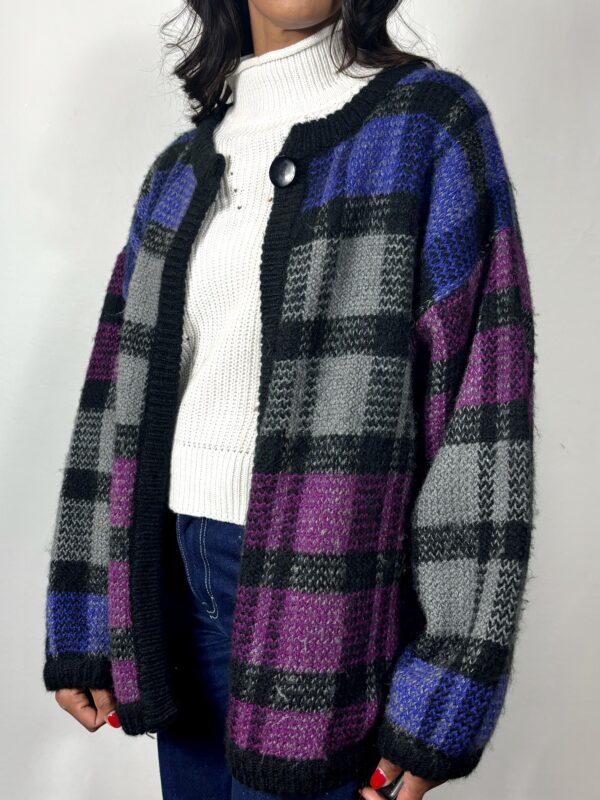 80's Plaid Knit Cardigan with Purple and Indigo Tones